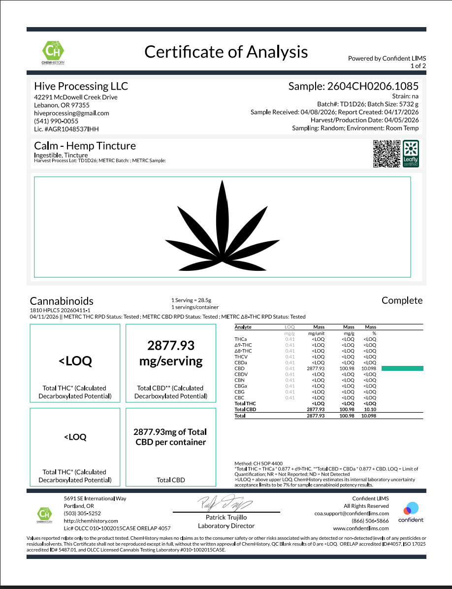 Page 1 of the CALM TD1D26 COA, showing the matching lot in the header and 2877.93 mg total CBD per container.