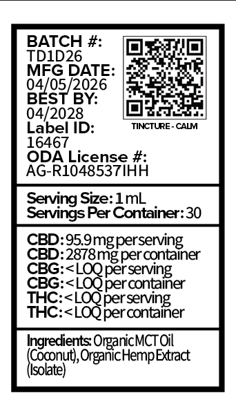 CALM batch TD1D26 sticker: 1 mL serving, 30 servings, 95.9 mg CBD per serving and 2878 mg per container.