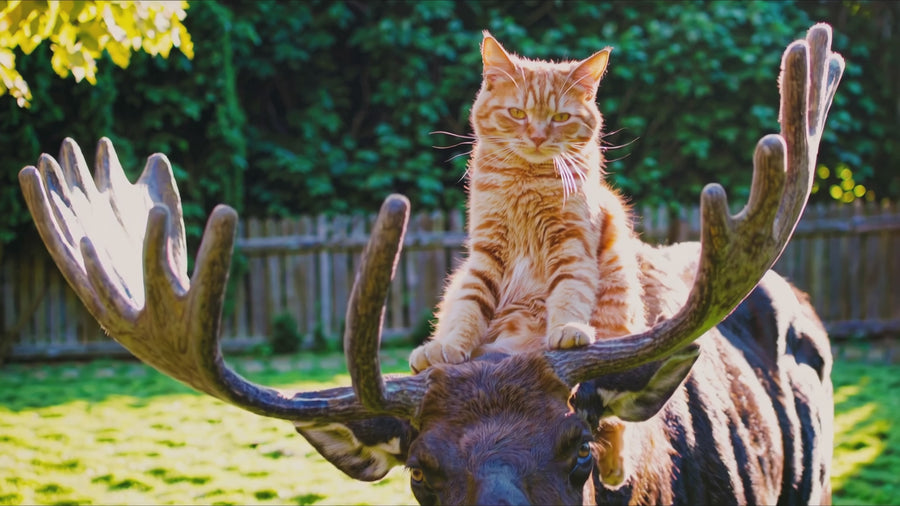 An orange tabby cat perched between a moose’s antlers.